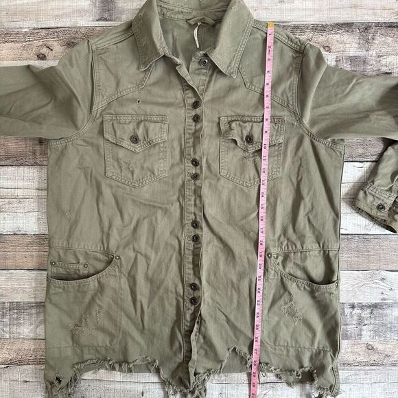 Free People Moonchild Distressed Denim Olive Green Raw Hem Jacket | Size Large - Picture 5 of 8